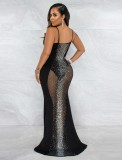 Black Sequins Deep-V See Through Cami Sleeveless Bodycon Maxi Dress