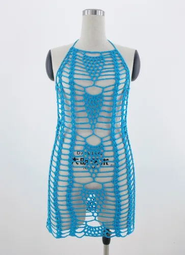 Blue Fishnet Halter Backless Sleeveless Mini Beach Dress