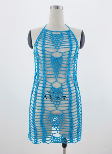 Blue Fishnet Halter Backless Sleeveless Mini Beach Dress