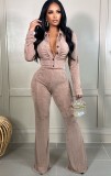 Khaki Velvet Button Up Long Sleeve Ruched Blouse and Loose Pants 2PCS Sets