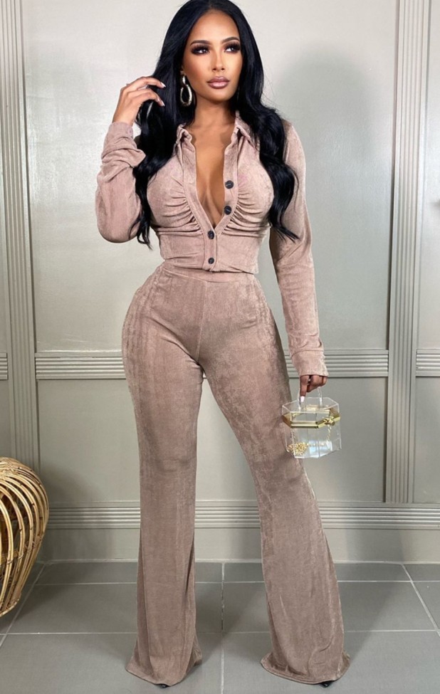 Khaki Velvet Button Up Long Sleeve Ruched Blouse and Loose Pants 2PCS Sets