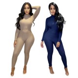 Blue Round Neck Long Sleeve Bodycon Jumpsuit