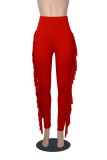 Red High Waist Fringe Bodycon Pant