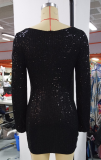 Black Sequins U-Neck Long Sleeve Bodycon Mini Dress