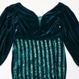 Plus Size Green Velvet Sequins V-Neck Puff Long Sleeve Slit Maxi Dress