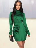 Green Silk High Neck Long Sleeve Ruched Shirring Mini Dress