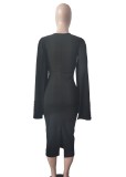 Black Beaded Twist Long Sleeves Midi Dress