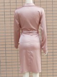 Pink Silk Button Open Long Sleeves Mini Dress with Belt