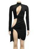 Black Sequins Cut Out Turtleneck Long Sleeve Ruched Irregular Mini Dress