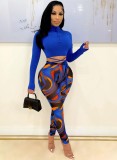 Blue Turtleneck Long Sleeve Fitted Crop Top and Print Leggings 2PCS Set
