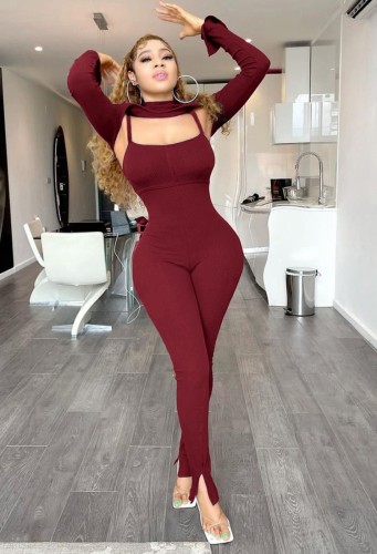 Red Long Sleeve Crop Top And Cami Jumpsuit Two Piece 2PCS Sets
