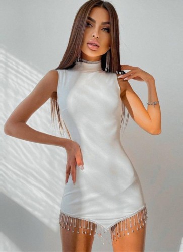 White Beaded Turtleneck Sleeveless Tassels Mini Dress