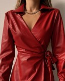 Red Leather Long Sleeve V-Neck Cross Tied Mini Dress