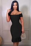 Black Off Shoulder Short Sleeve Sheath Mermaid Midi Dress