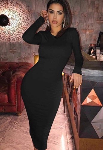 Black O-Neck Long Sleeve Tight Sheath Midi Dress