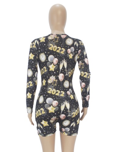 New Year 2022 Print Long Sleeve V-Neck Slim Fit Rompers