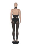 Black Halter Crop Top and See Through High Waist Pants with Pantie 3PCS Sets