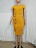 Yellow Cap Sleeve Midi Belt Dress