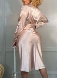 Pink Silk Button Open Long Sleeves Mini Dress with Belt