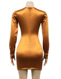 Brown Silk Cut Out Twist Long Sleeve Ruched Mini Dress