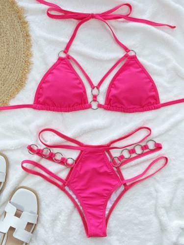 Pink Hollow Out O-Rings Cami Halter Bikini Two Piece Set