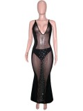 Black Sequins Deep-V See Through Cami Sleeveless Bodycon Maxi Dress