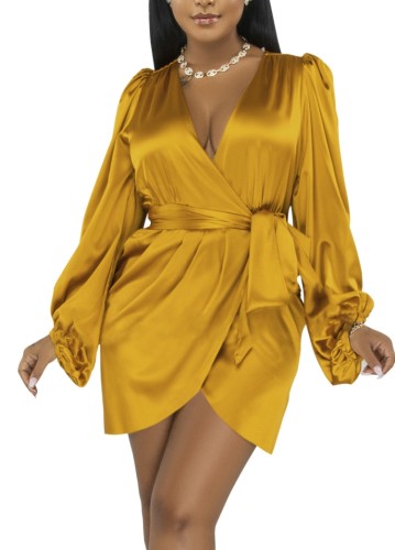 Yellow Silk Puff Long Sleeve Mini Dress with Belt