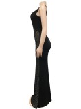 Black Beaded O-Neck Sleeveless Backless Mermaid Maxi Dress