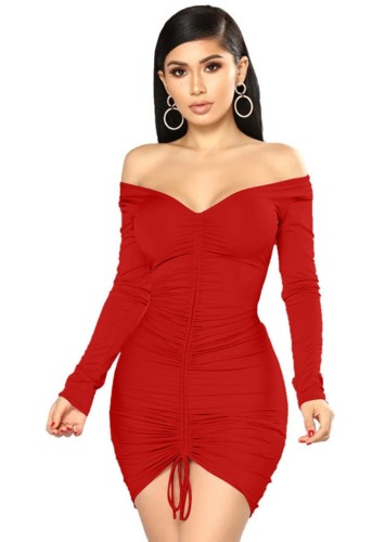 Red Off Shoulder Long Sleeve Drawstring Ruched Sheath Mini Dress