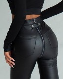 Black Pu Leather Back Zipper Up Tight Pant with Pocket