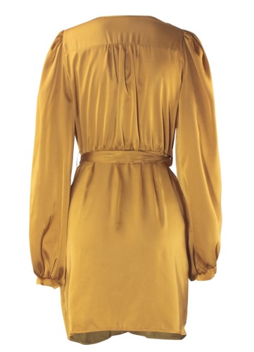 Yellow Silk Puff Long Sleeve Mini Dress with Belt