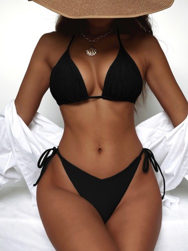 Black Cami Halter High Cut Bikini Two Piece Set