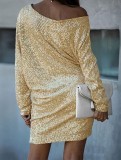 Golden Sequin Puff Long Sleeve Mini Sparkly Dress