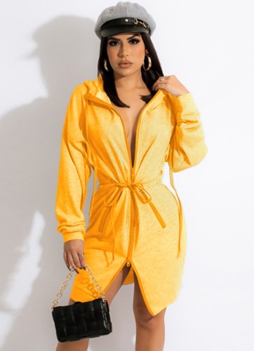 Plus Size Yellow Zipper Long Sleeves Drawstring Hoody Dress