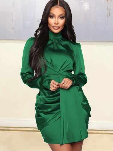 Green Silk High Neck Long Sleeve Ruched Shirring Mini Dress