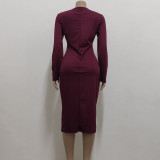 Wine O-Neck Long Sleeve Tight Sheath Midi Dress