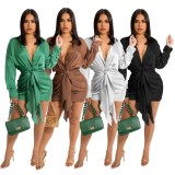 Green Silk Turndown Collor Long Sleeve Mini Blouse Dress With Belt