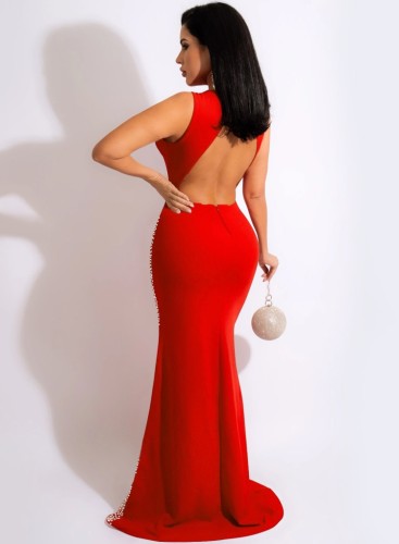 Red Beaded O-Neck Sleeveless Backless Mermaid Maxi Dress