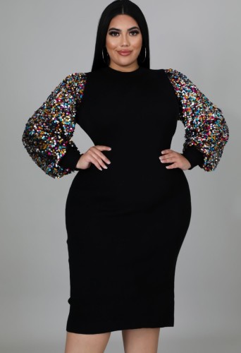 Plus Size Multicolor Sequins Black Long Sleeve O-Neck Midi Office Dress