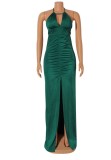 Green Silk Halter Backless Front Slit Mermaid Maxi Dress