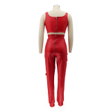 Red Leather Crop Tank and High Waist Pants with Pocket 2PCS Set