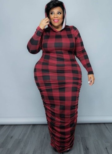 Plus Size Red Plaid Print Long Sleeve Ruched Maxi Hoody Dress