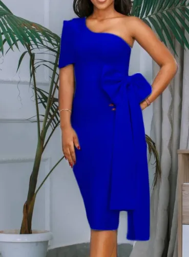 Royal Blue Knotted One Shoulder Single Short Sleeve Midi Dress