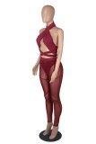 Red Halter Crop Top and See Through High Waist Pants with Pantie 3PCS Sets