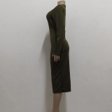 Green O-Neck Long Sleeve Tight Sheath Midi Dress