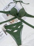 Green Hollow Out Criss Cross High Waist Halter Bikini Two Piece Set