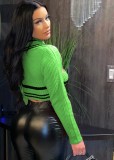 Green Knitted Hollow Out V-Neck Long Sleeve Crop Top