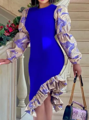 Print Blue Long Sleeve O-Neck Ruffles Irregular Long Dress