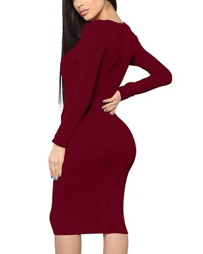 Wine O-Neck Long Sleeve Tight Sheath Midi Dress