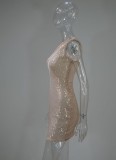 Khaki Sequins Single Shoulder Sleeveless Sheath Mini Dress